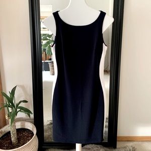 JOSEPH RIBKOFF Navy Dress With Red White & Tan Side Stripe